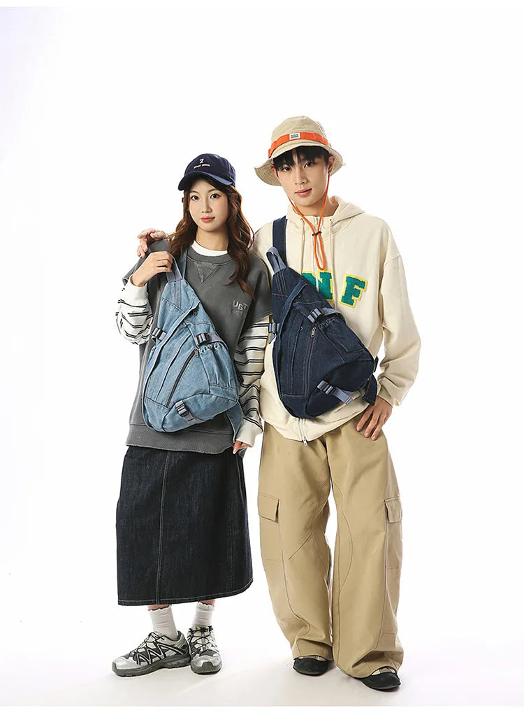 Vintage Washed Denim Sling Bag Man Woman Multifunction Retro Large Capacity Portable Motorcycle Chest Bag