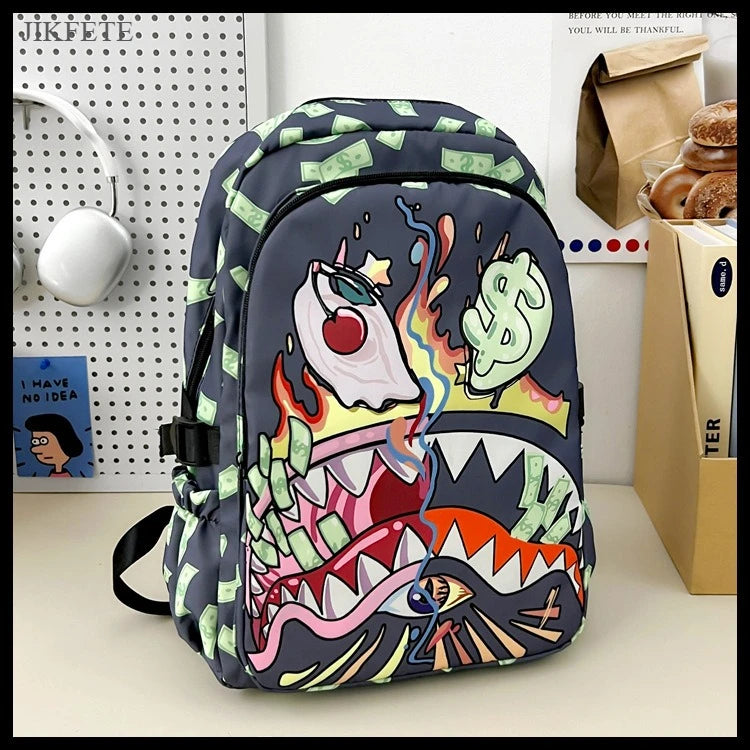 Stylish Shark Mouth Print Backpack | Versatile School & Travel Bag