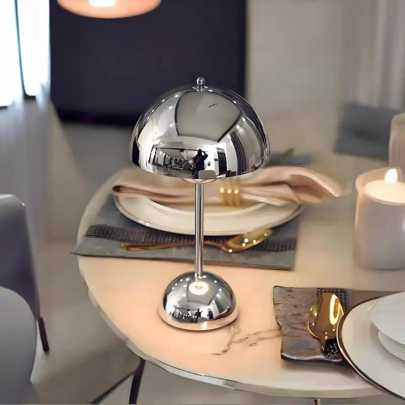 Retro Danish Chrome Flower Bud Table Lamp | Touch Control & USB Rechargeable
