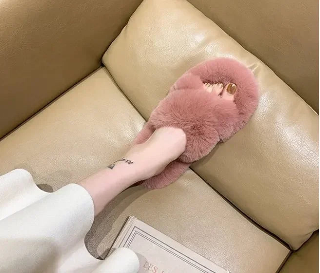 Cozy Double Fur Cross-Strap Plush Slippers | Warm Indoor Footwear