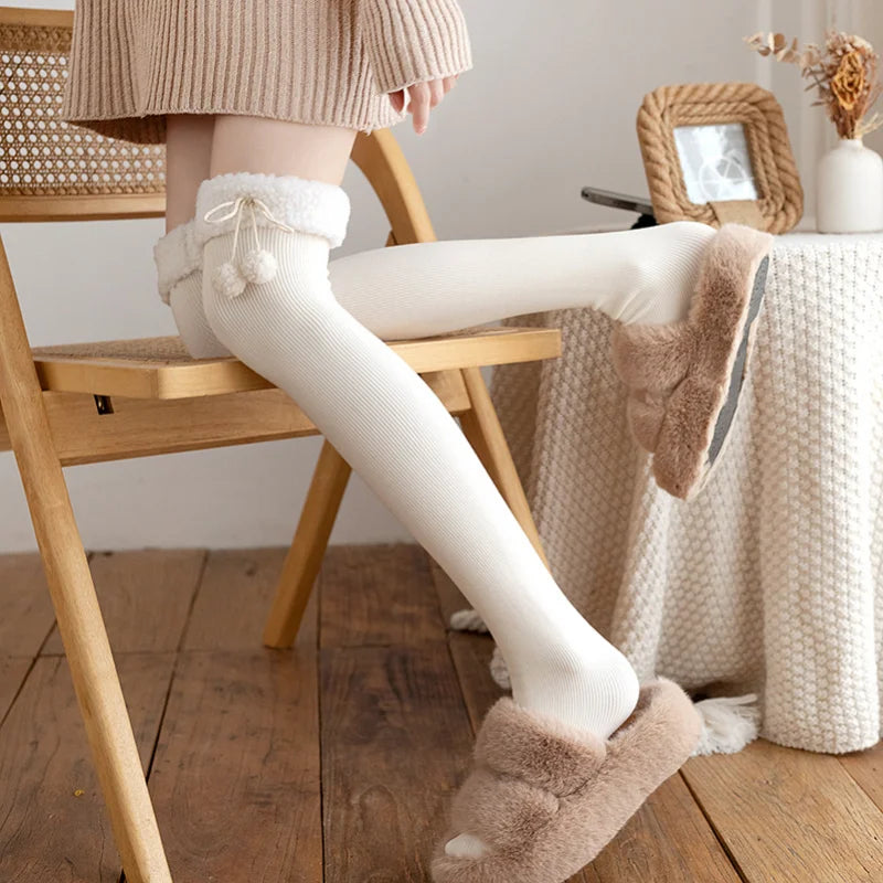Cute Vertical Stripe Plush Tights | Cozy Kawaii Knee High Socks