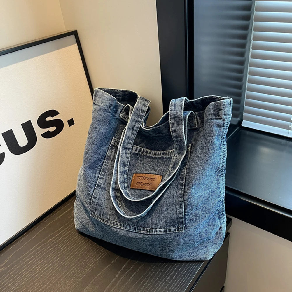 Stylish Large Canvas Tote Bag | Versatile Denim Handbag