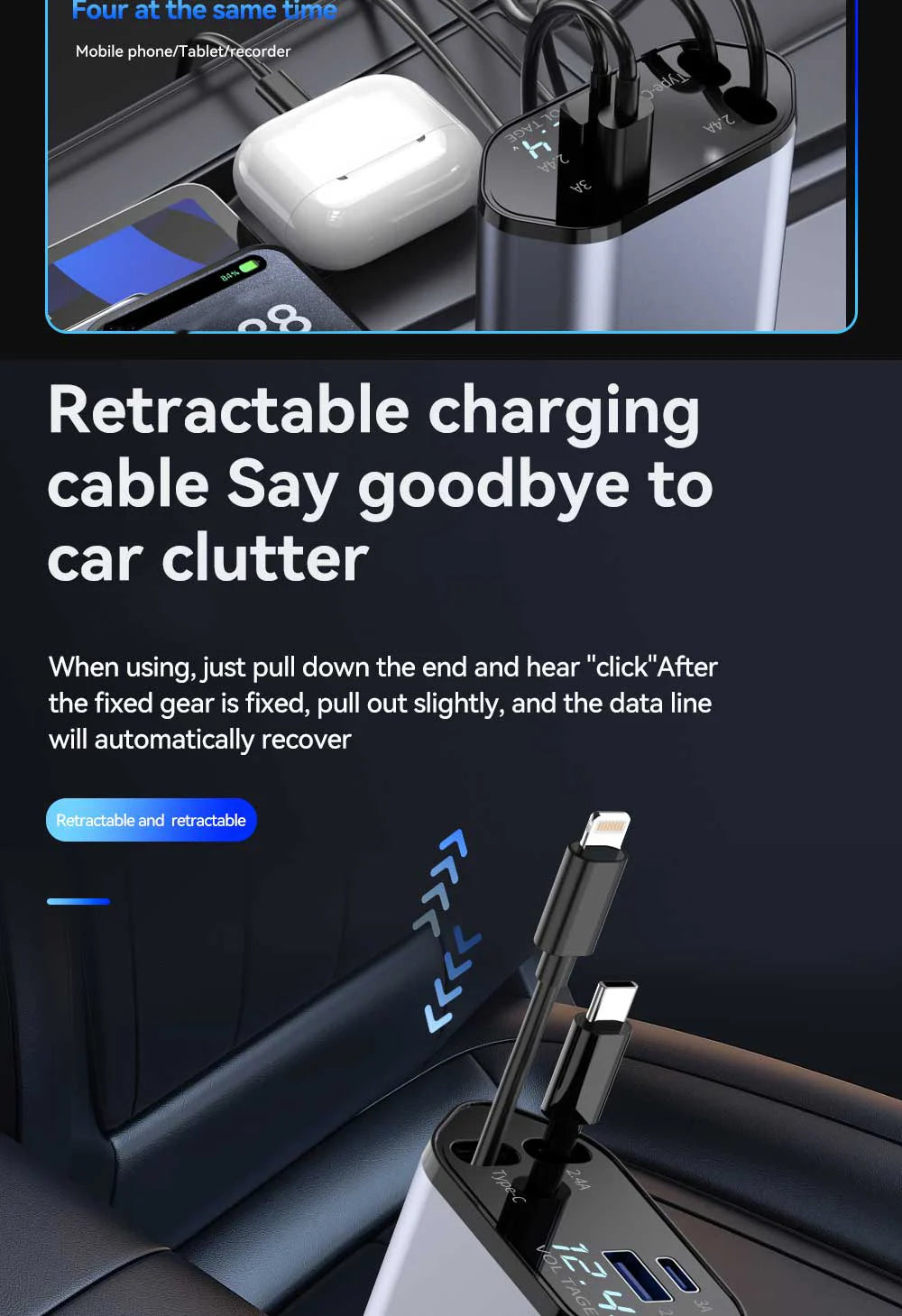 120W 4-in-1 Car Charger | Fast Retractable Charging Adapter