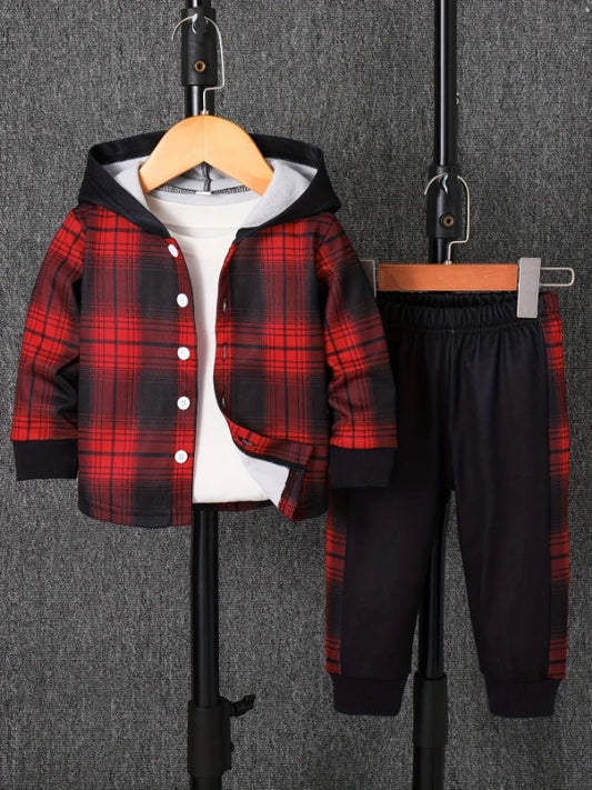 Conjunto de forro polar con capucha y estampado a cuadros para niños pequeños | Bonito conjunto informal