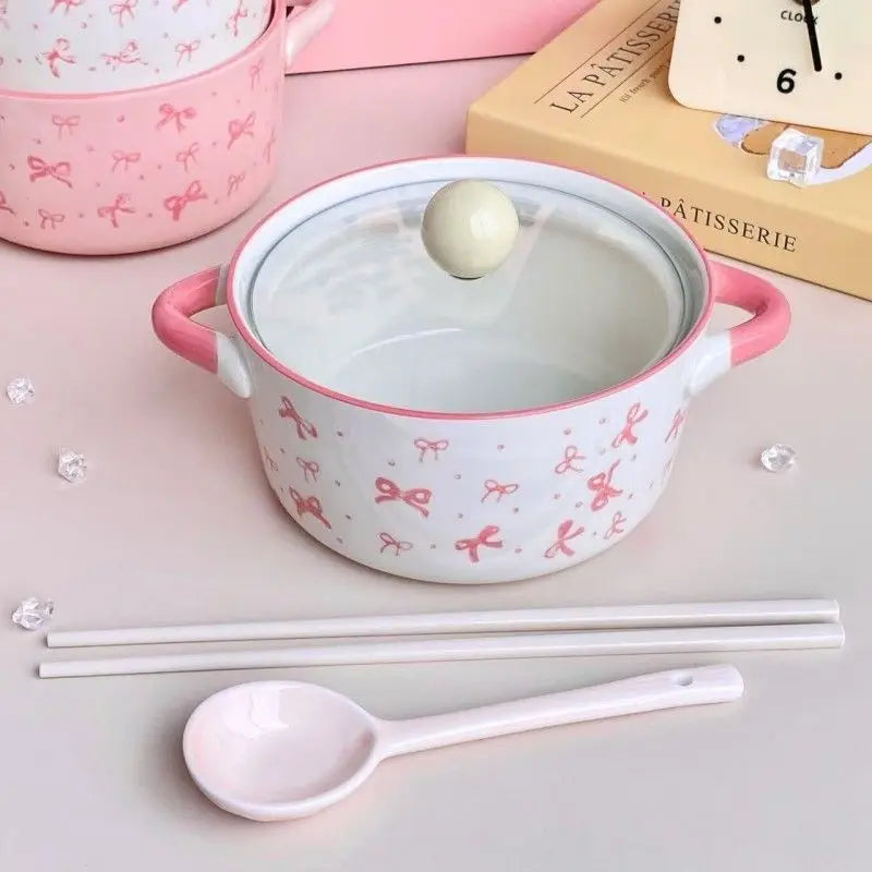 Bol de cerámica con tapa para fideos, diseño de lazo rosa | Adorable tazón para sopa