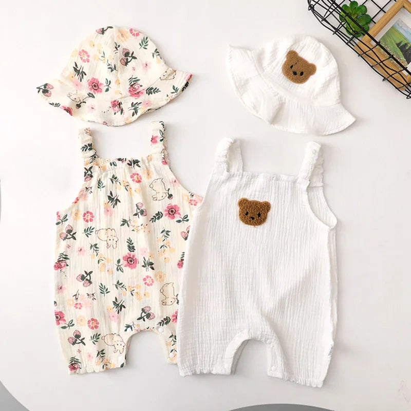 Summer Baby Girls Romper with Hat | Adorable Cherry Bear Design