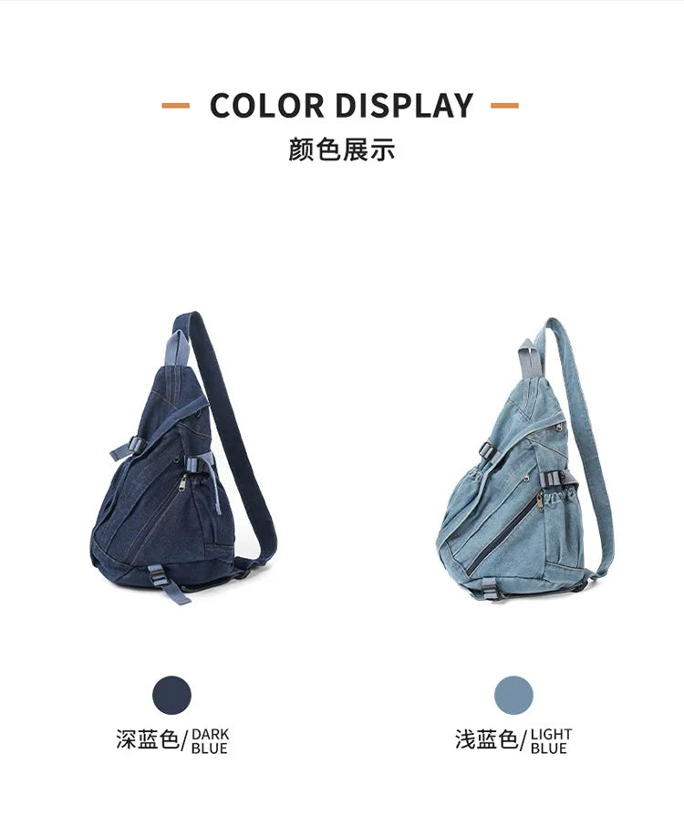 Vintage Washed Denim Sling Bag Man Woman Multifunction Retro Large Capacity Portable Motorcycle Chest Bag