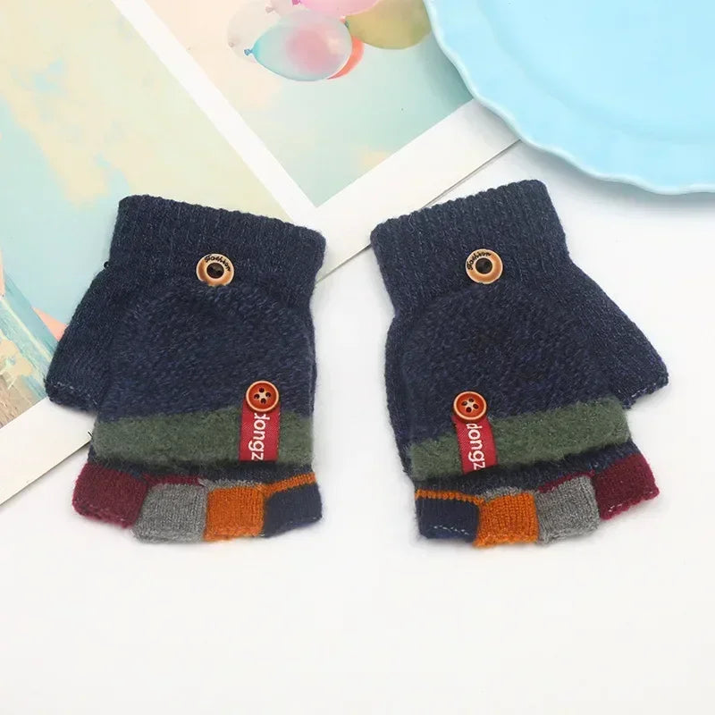 Kids Half Finger Flip Gloves | Warm Jacquard Design for Winter