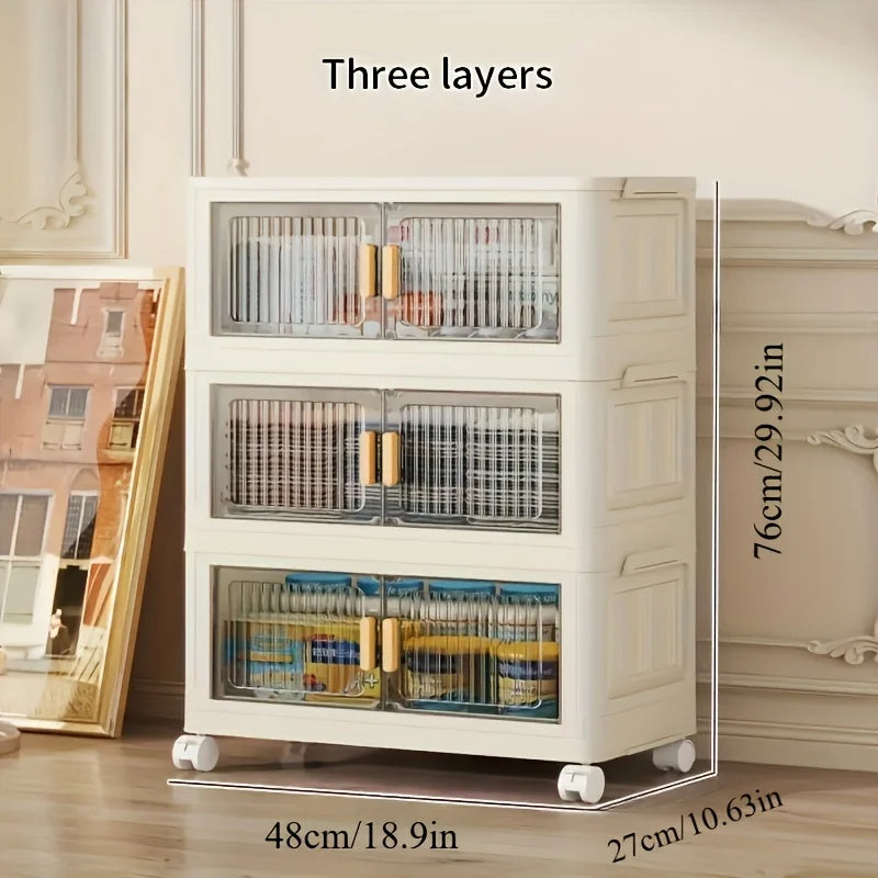 Stackable Practical Storage Cabinet with Doors and Wheels - Spacious Multi-functional Plastic Organizer - Practical Storage Rack