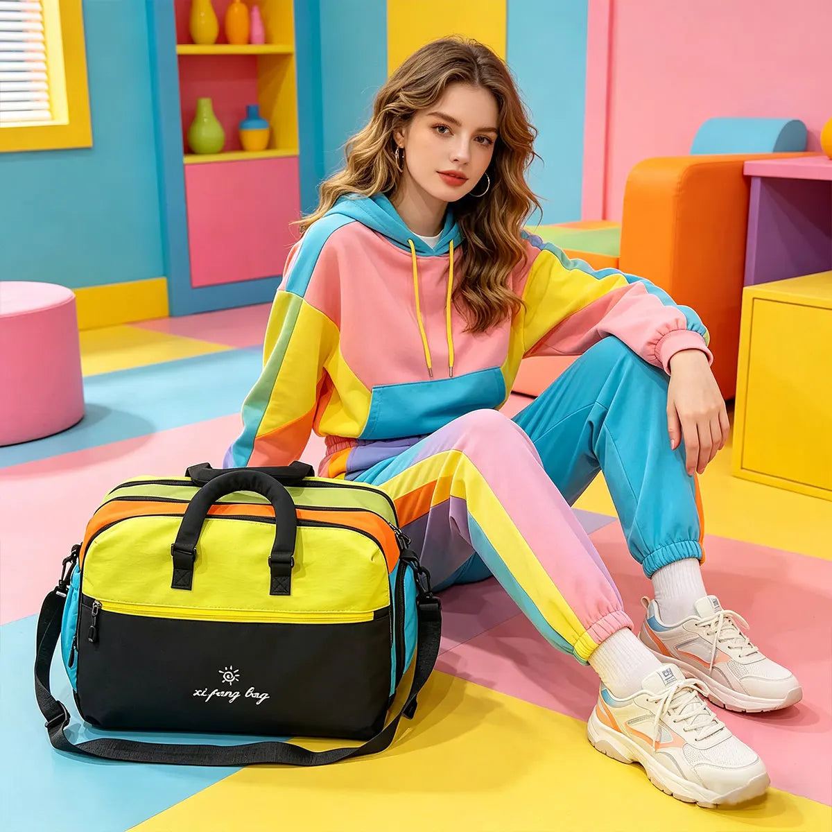 Fashion Trend Dopamine Contrasting Travel Bag Independent Shoe Compartment, Lightweight Yoga Bag, Outdoor Sports and Fitness Bag