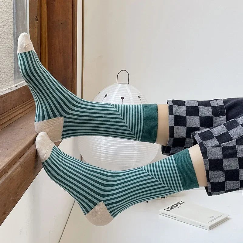 Multicolor Striped Casual Crew Socks for Women | Stylish Comfort