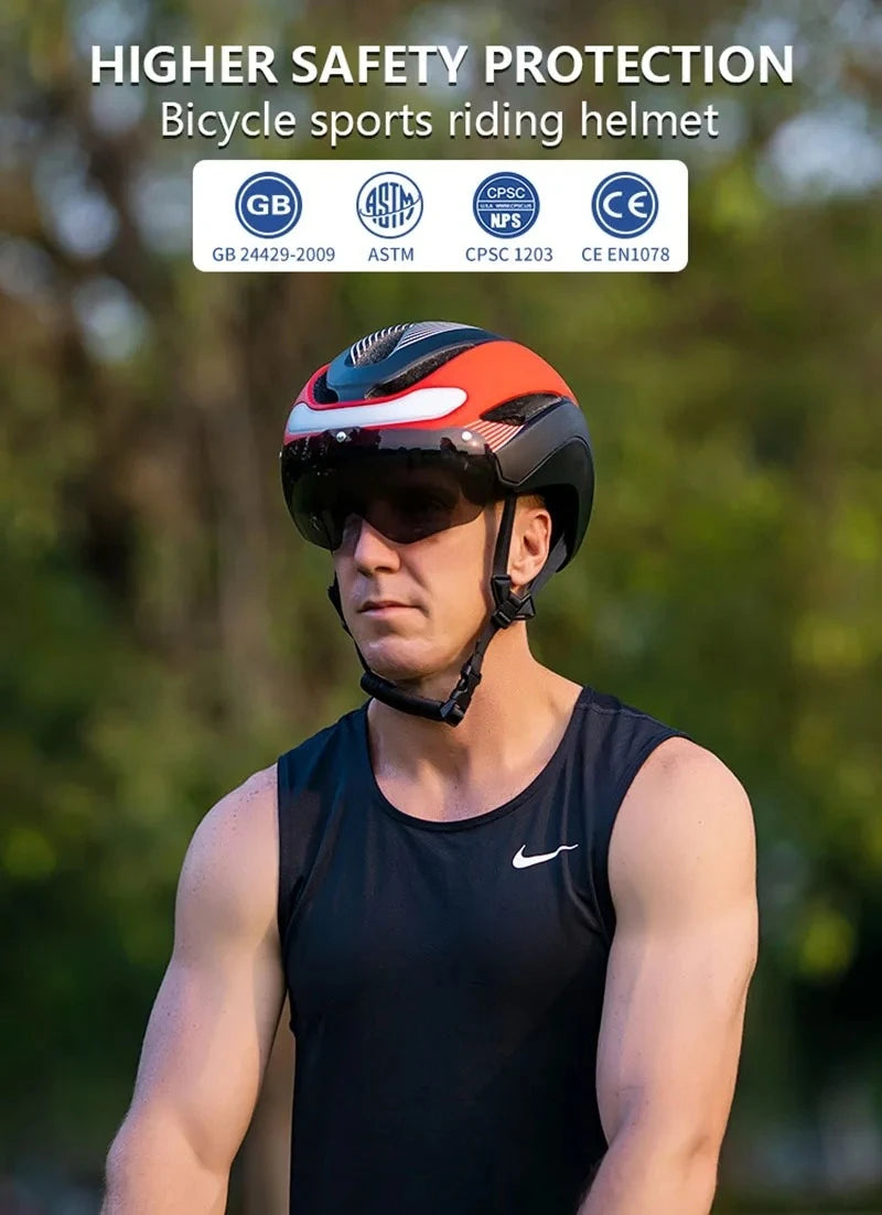Ultralight Road Bicycle Helmet with LED Lights & Magnetic Goggles
