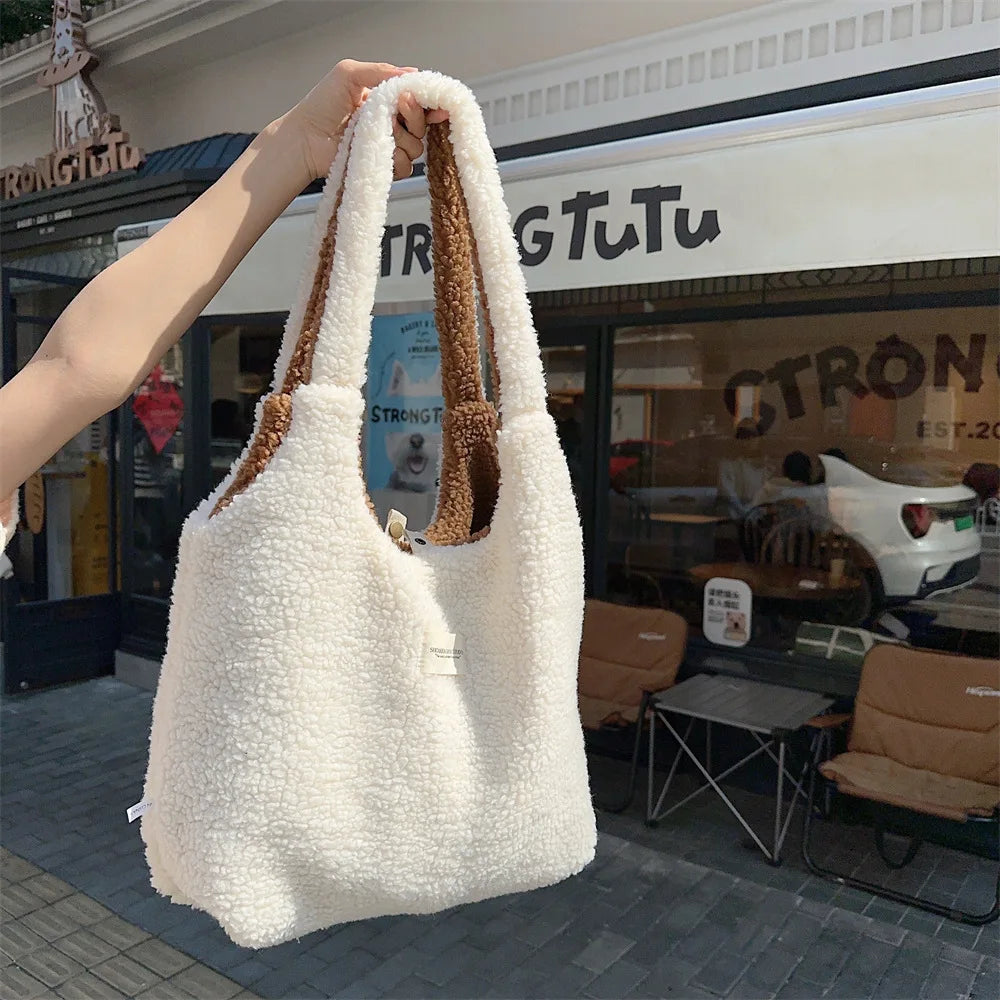 Reversible Plush Shoulder Bag for Women | Warm Fabric Tote