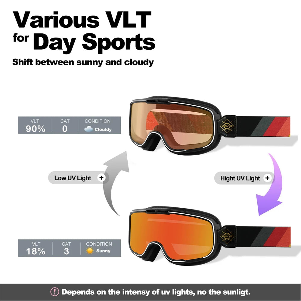 BOLLFO Photochromic Motorcycle Goggles Motorbike Eyewear OTG UV Protection Auto-tinting ATV Glasses Windproof Dirt Bike Goggles