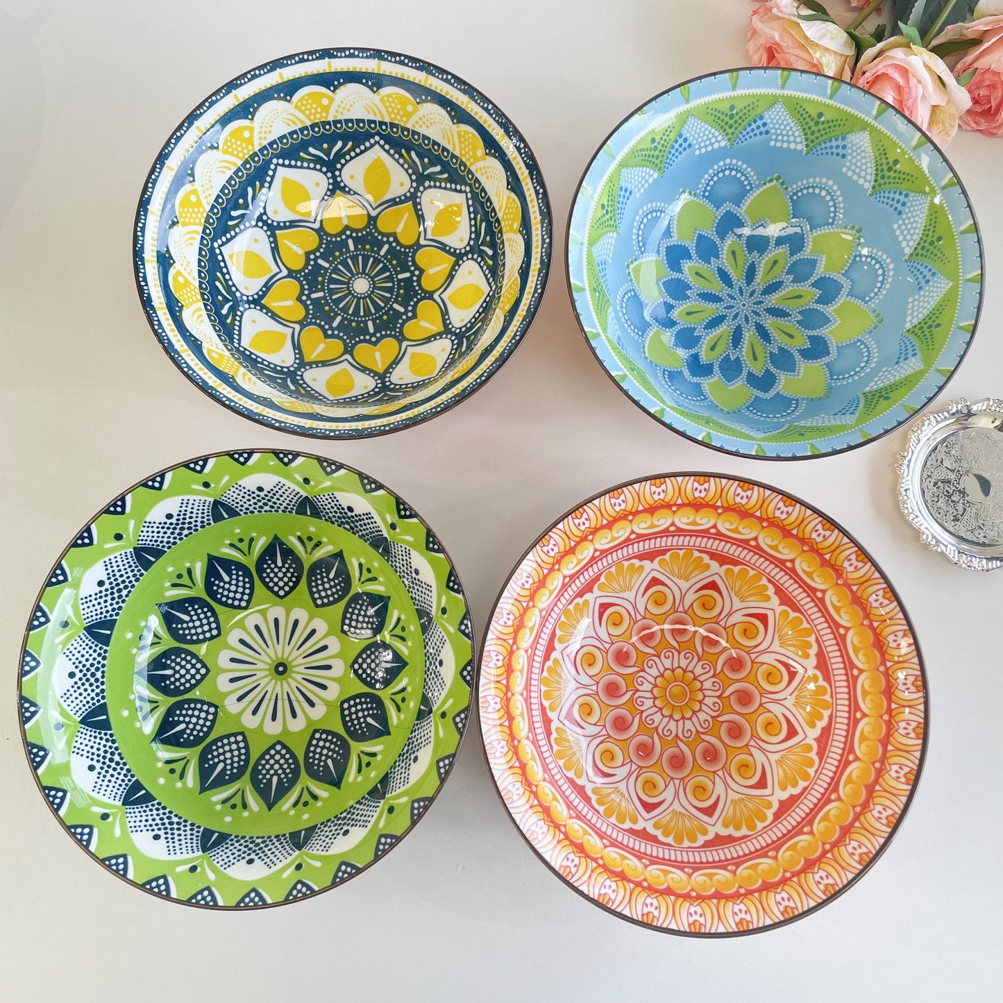 8-Inch Bohemian Ceramic Soup Bowl Set | Dishwasher & Microwave Safe