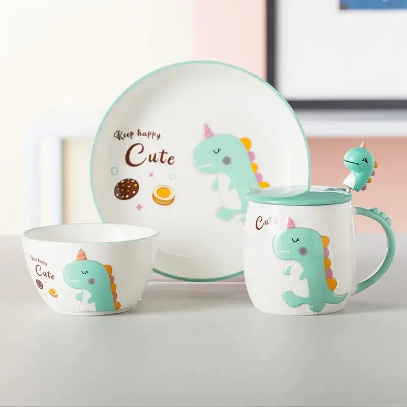 Dinosaur Cartoon Ceramic Mug with Lid & Spoon | Fun Breakfast Cups