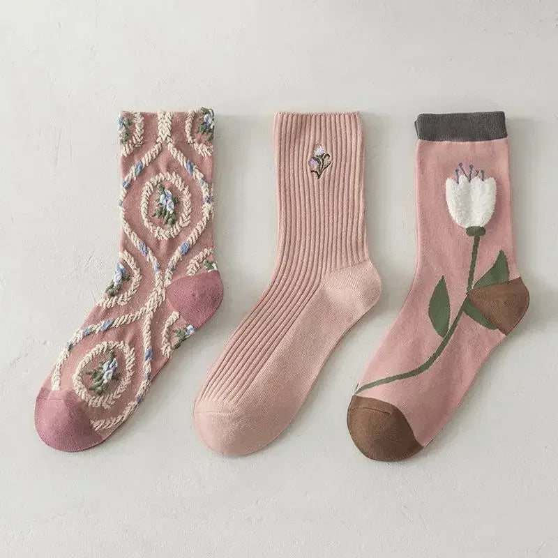 Cute Pink Flower Embroidery Socks for Women | Kawaii Retro Style