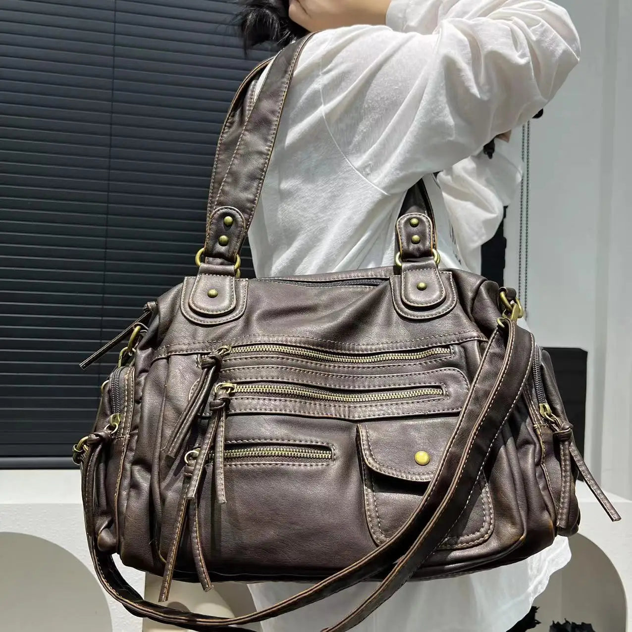 Vintage Washed Leather Crossbody Bag | Large Capacity Multi Pocket