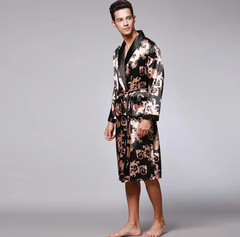 Traditional Japanese KIMONO Fashion YUKATA Oriental Gold Dragons Pattern Bathrobe Summer Men Ice Silk Robes Pajamas  Sleepwear