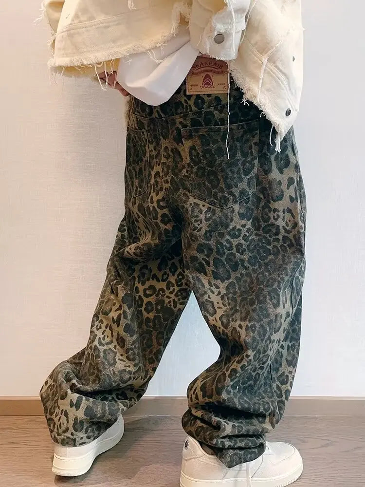 Men's Oversized Leopard Print Denim Jeans | Trendy Streetwear Style