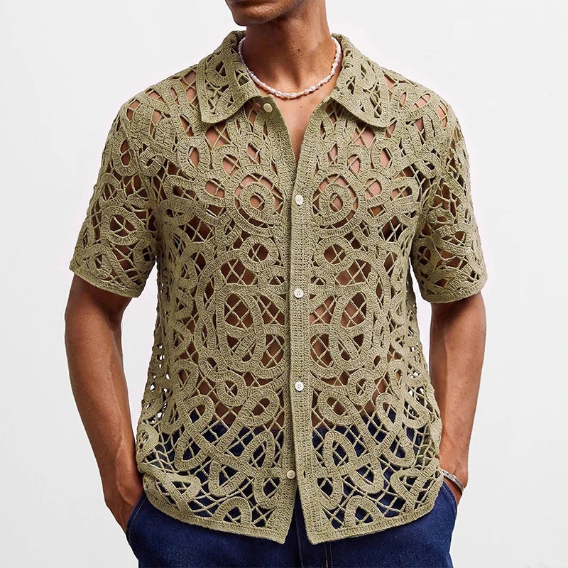Men's Vintage Floral Embroidery Crochet Knit Shirt | Casual Summer Style