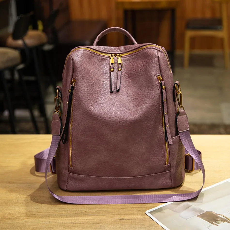 Vintage Leather Backpack | Large Capacity Travel Rucksack for Women