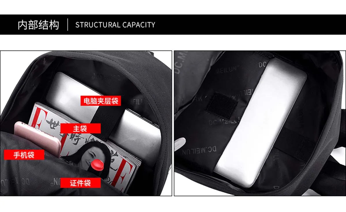 Luminous Shark Mouth Backpack | USB Laptop Travel Bag for Teens