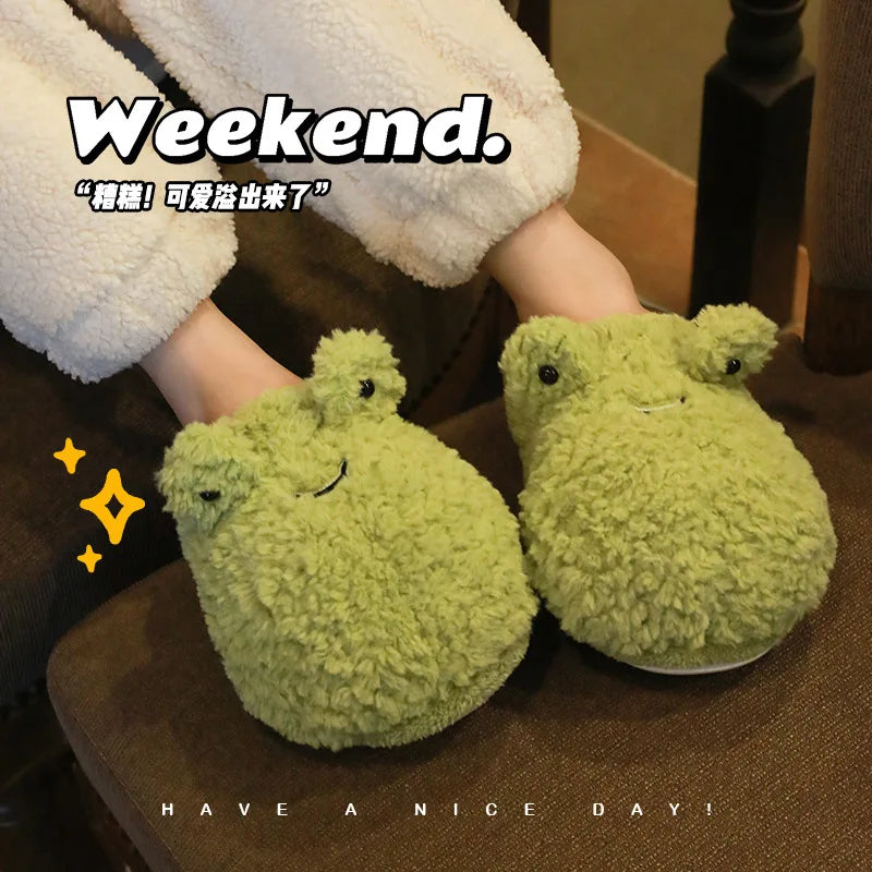 Lindas pantuflas de felpa de rana | Zapatillas de casa cálidas de dibujos animados