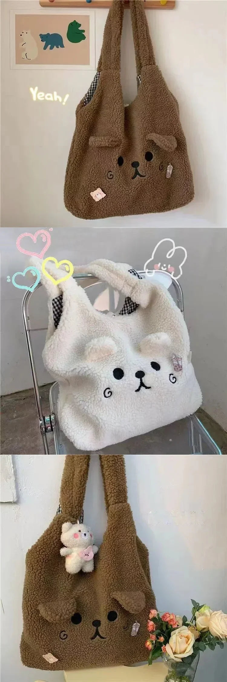 Winter Soft Plush Tote Bag for Women | Stylish Cartoon Embroidery