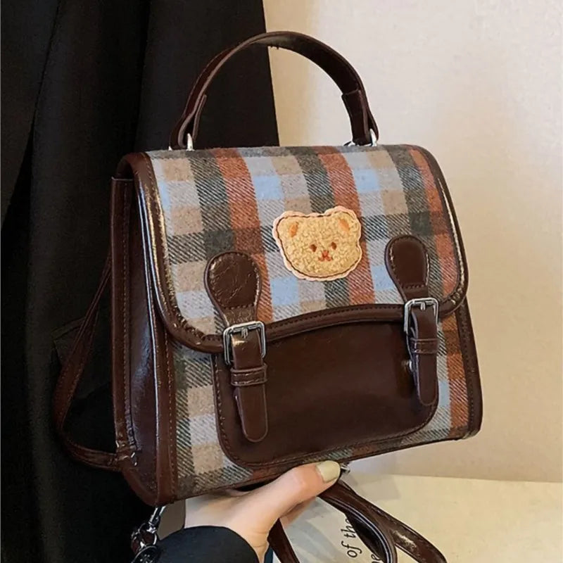 Cute Bear Backpack for Women | Vintage Plaid Student Bag