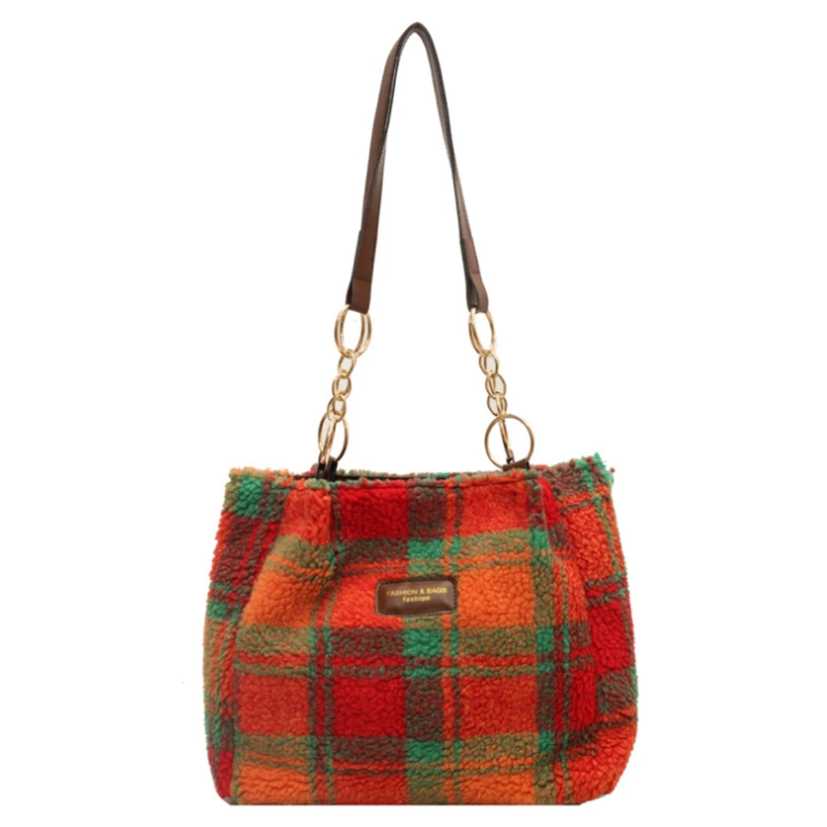 Stylish Red Plaid Plush Tote Bag | Versatile Fashion Shoulder Bag