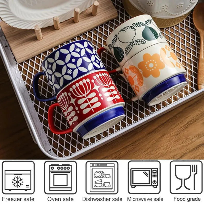 Retro Ceramic Flower Coffee Mug Set | Perfect for Tea & Oats