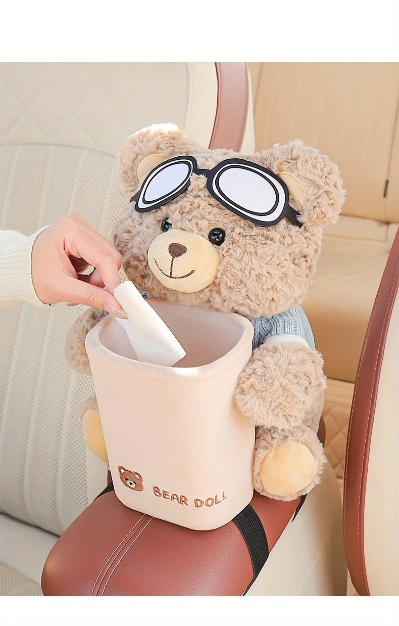 Adorable Teddy Bear Car Tissue Holder & Trash Can Organizer
