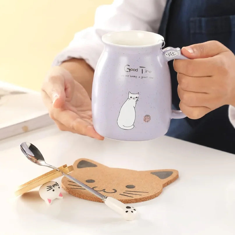 Cute Cat Ceramic Mug with Kitty Lid & Spoon | Perfect Gift for Cat Lovers