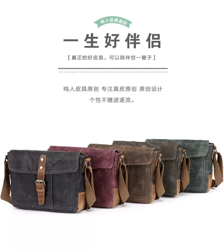 Vintage Waxed Canvas Crossbody Bag | Water-Resistant Casual Satchel
