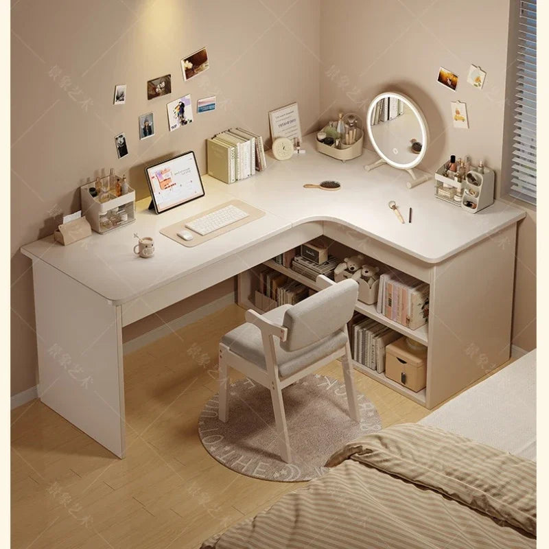 Integrated Corner Workbench & Bookshelf | Modern White Computer Desk