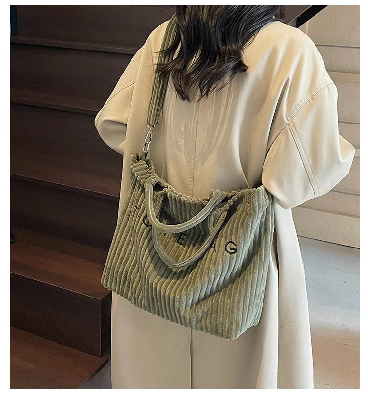 Bolso de mano de terciopelo a rayas de gran capacidad | Bolso tote elegante y versátil