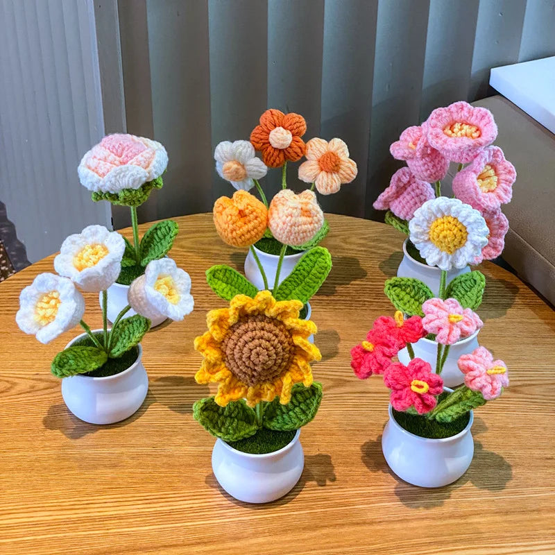 Hand Woven Potted Flower Decoration | Knitted Sunflower Bouquet