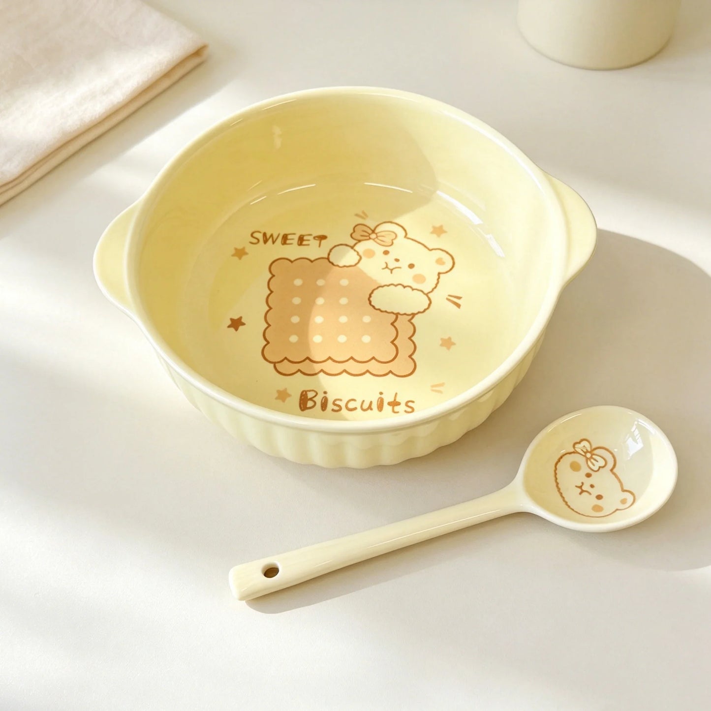 Cute Cartoon Bear Rabbit Ceramic Bowl with Spoon | Microwave & Dishwasher Safe