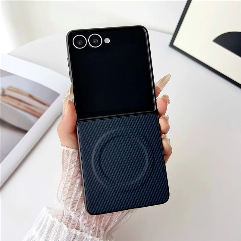 Magnetic Carbon Fiber Texture Phone Case For Samsung Galaxy Z Flip 3 4 5 6 7 For Magsafe Protective PC Back Cover Fundas