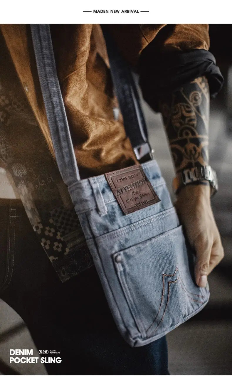 Vintage Washed Blue Denim Crossbody Bag | Unisex Canvas Tote