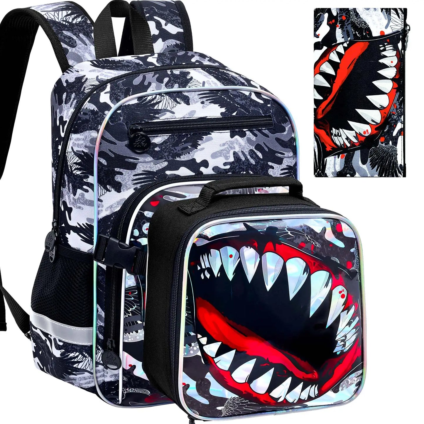 3pcs Boys Camo Shark Mouth School Backpack Set | Versatile Kids Gear