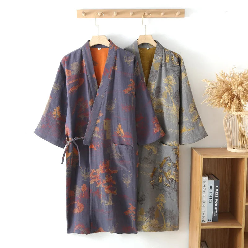 Roomwear Cotton Kimono Pajamas Men's Robes for Spring Jacquard Printed Home Clothing Medium Length Oversized Breathable Bathrobe