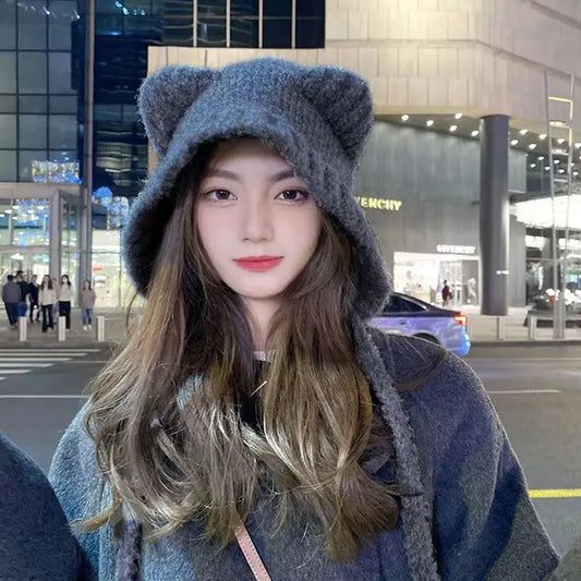 Women's Cute Bear Ear Plush Beanie | Cozy Winter Bomber Hat