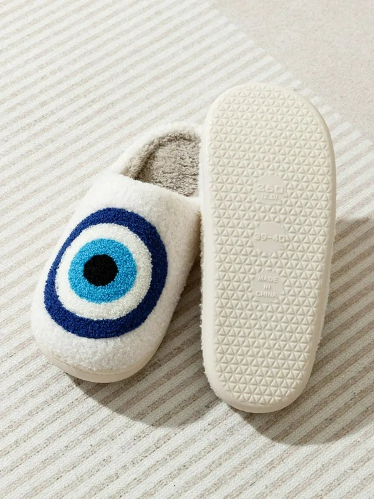 Women's Blue Evil Eye Plush Slippers | Cozy Indoor Nazar Shoes