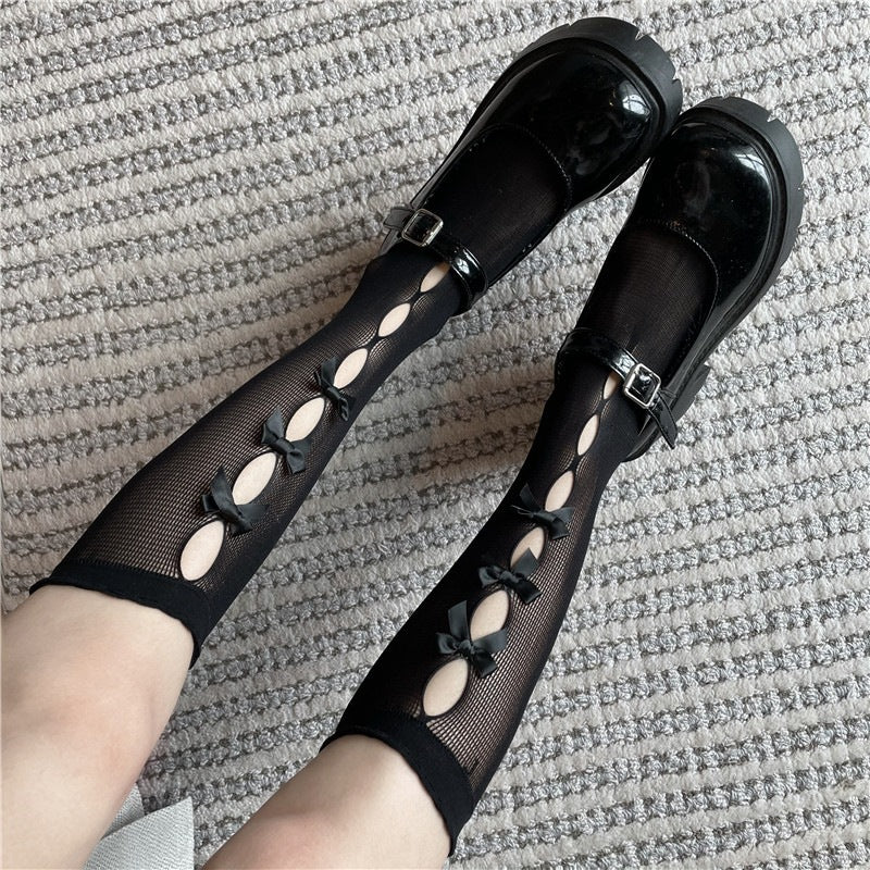 Kawaii Hollow Out Mesh Fishnet Socks | Cute Bow Long Stockings