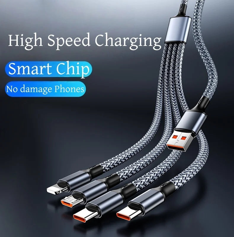 4-in-1 Multifunctional Charging Cable Supports USB-A to USB-C, Micro USB, and Braided Cables for Charging Multiple Devices