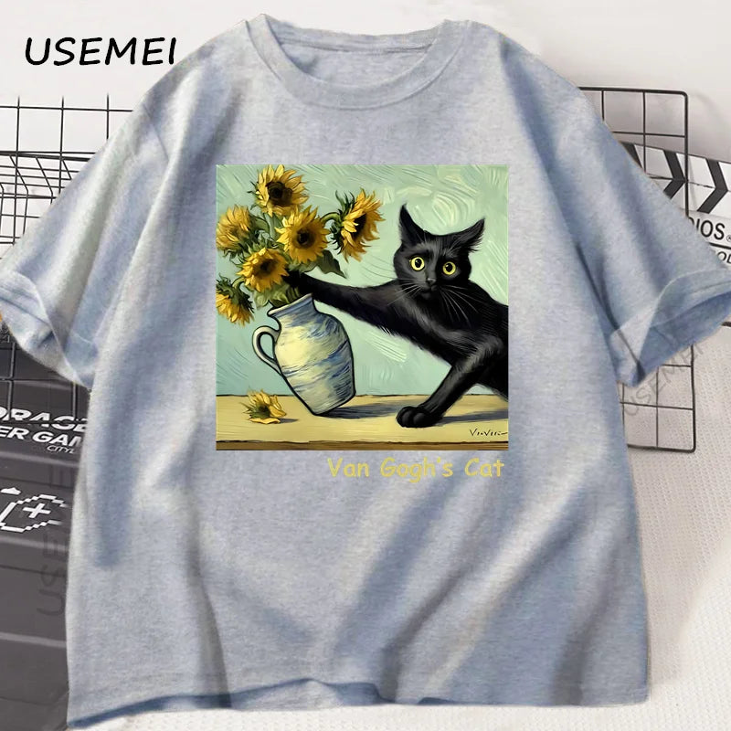 Funny Cat Art Print T-Shirt | Trendy Summer Short Sleeve Tee