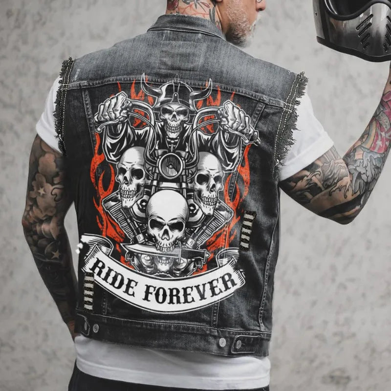 Men's Retro Denim Motorcycle Vest | Stylish Sleeveless Jacket
