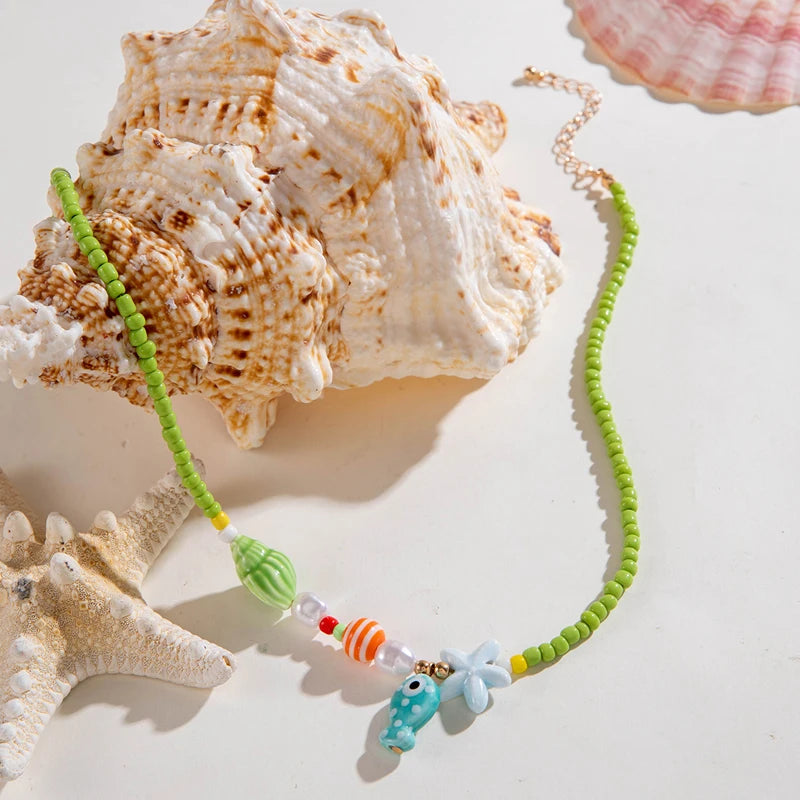 Y2K Boho Acrylic Ceramic Fish Starfish Mushroom Pendant Colorful Bead Choker Necklace For Women Beach Ocean Jewelry Accessories